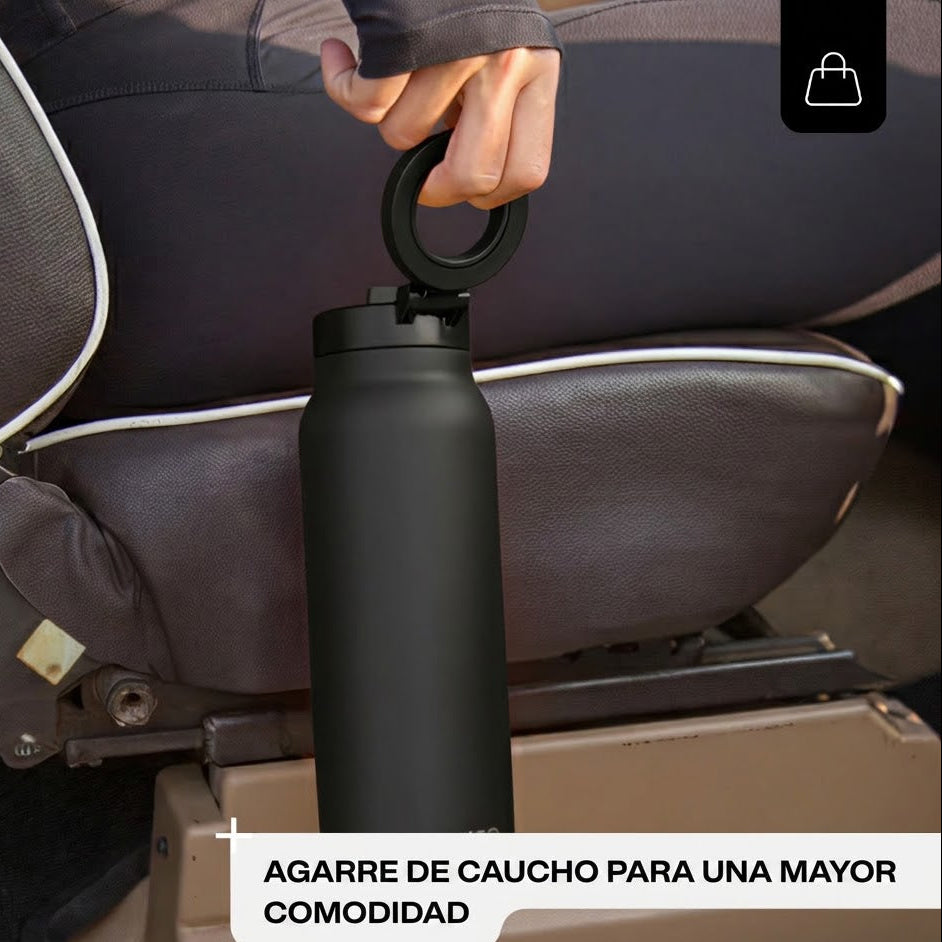 Cuddo Pro botella térmica negra con agarre de caucho antideslizante soporte magnético móvil
