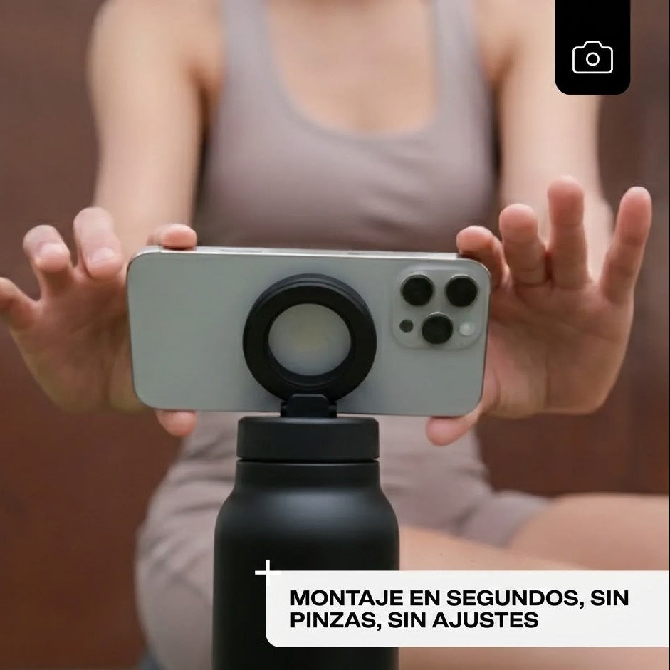 Botella térmica con soporte magnético MagSafe para grabar entrenamientos en el gym sin trípode
