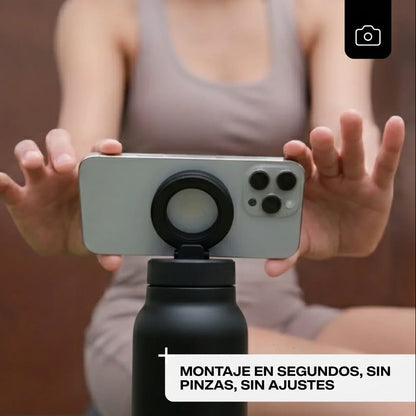Botella térmica con soporte magnético MagSafe para grabar entrenamientos en el gym sin trípode
