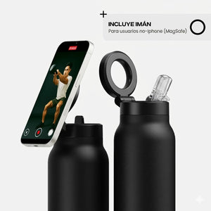 Cuddo Pro botella térmica negra con soporte MagSafe para móvil compatible iPhone y Samsung
