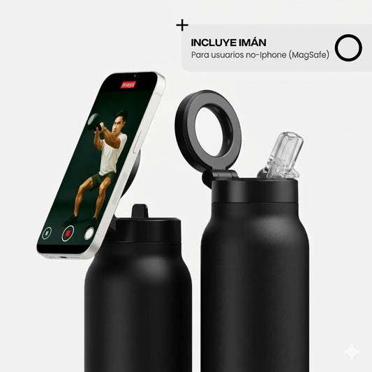 Cuddo Pro botella térmica negra con soporte MagSafe para móvil compatible iPhone y Samsung
