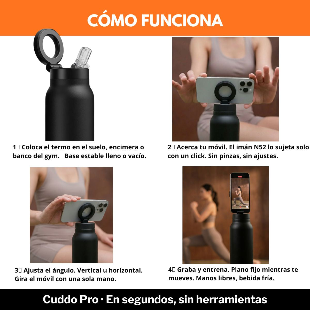 Cómo usar la botella térmica Cuddo Pro con soporte para móvil paso a paso